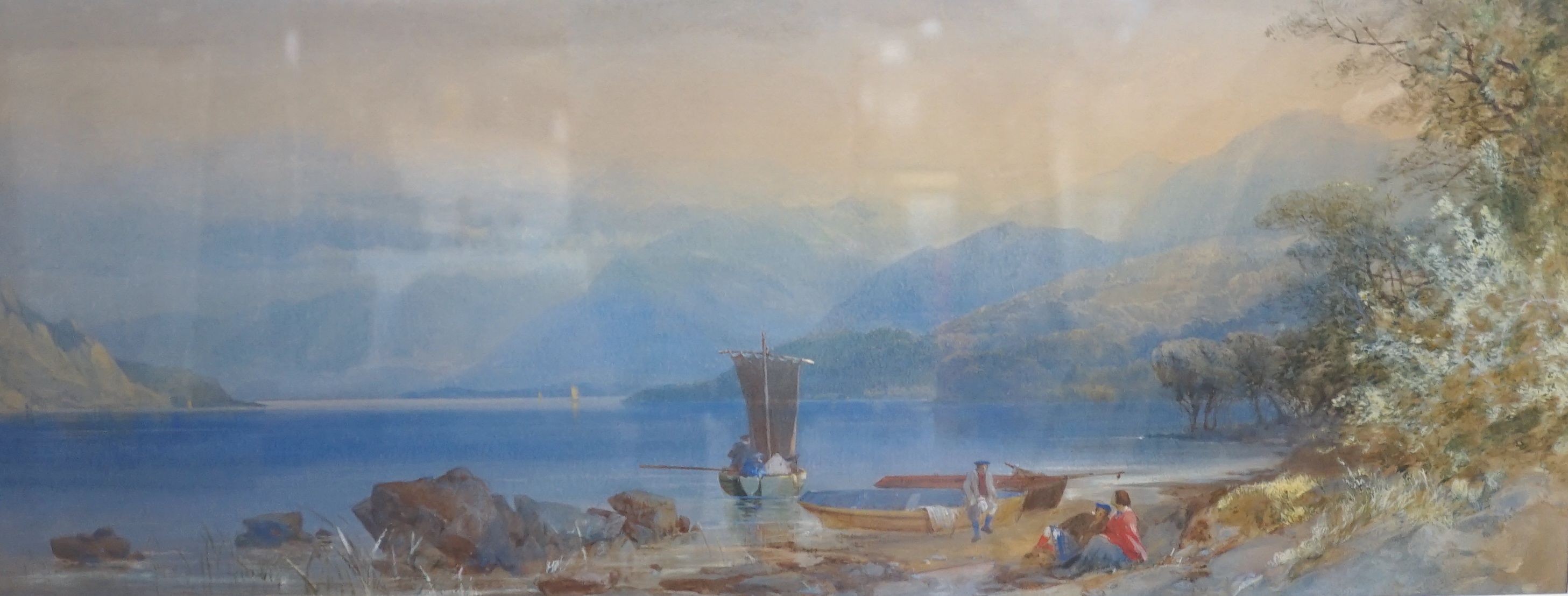 James Burrell Smith (1822-1897), Figures on the shore of Loch Katrine, bodycolour and watercolour, signed and dated 1862, 25.5 x 62.25cm